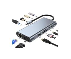 Hub USB-C 11 em 1 com HDMI 4K, VGA, LAN, 4x USB 3.0, Leitor SD/TF e Áudio