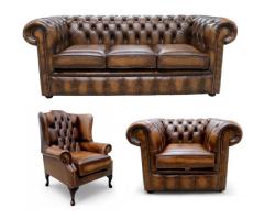 Chesterfield Leather 3 Seater + Mallory Wing Chair + Club Chair Sofa